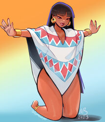  barefoot black_hair blunt_bangs bracelet breasts brown_eyes chel_(the_road_to_el_dorado) dark-skinned_female dark_skin earrings english_commentary eymbee female full_body jewelry kneeling long_hair naked_poncho poncho prototype_design solo the_road_to_el_dorado thick_thighs thighs wide_hips 