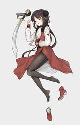  arm_up black_hair black_pantyhose boots chinese_clothes closed_eyes commentary_request facial_mark female forehead_mark full_body grey_background highres long_hair long_sleeves lying no_shoes on_side original pantyhose parted_bangs parted_lips puffy_long_sleeves puffy_sleeves red_footwear scimitar simple_background sleeves_past_wrists solo sword teeth unworn_boots upper_teeth_only very_long_hair weapon white_ph 