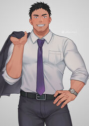  1boy :d artist_name bara belt black_hair black_jacket black_pants bulge commentary_request contrapposto cowboy_shot dress_shirt facial_hair formal goatee goatee_stubble grin hand_on_own_hip hand_up highres holding holding_clothes holding_jacket jacket jacket_over_shoulder long_sleeves looking_at_viewer male_focus muscular muscular_male necktie pants purple_necktie senpai_ga_uzai_kouhai_no_hanashi shirt short_hair signature simple_background sleeves_rolled_up smile solo spiked_hair standing stubble takeda_harumi_(shiromanta) taut_clothes taut_pants taut_shirt thick_eyebrows twitter_username uhai unworn_jacket variant_set watch white_shirt wristwatch 