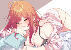  2girls bed_sheet blush bra breasts chibi cleavage cowlick cushion drooling earrings hair_ornament hairpin heraraido_re highres hololive hololive_dev_is ichijou_ririka jewelry lying medium_breasts medium_hair mouth_drool multiple_girls multiple_hairpins multiple_rings nail_polish off_shoulder on_stomach open_clothes open_mouth open_shirt orange_hair orange_nails otonose_kanade ring shiny_skin sleeping thigh_strap underwear virtual_youtuber 