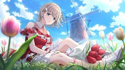  bare_shoulders blue_eyes blue_sky bouquet breasts cloud day dress female field flower flower_field grass grey_hair hair_ornament hairclip holding holding_bouquet idolmaster idolmaster_shiny_colors looking_at_viewer official_art outdoors parted_lips pink_flower pink_tulip red_dress red_flower red_nails red_tulip scenery serizawa_asahi shoes short_hair sitting sky sneakers solo tulip white_flower white_tulip windmill wrist_cuffs 