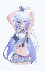  absurdres armpits arms_up bikini blue_bikini bracelet breasts commentary cowboy_shot cropped_legs denim denim_shorts double_bikini female hair_ornament hare_(honkai_impact) highres honkai_(series) honkai_impact_3rd hyume_26 jewelry long_hair looking_at_viewer navel official_alternate_costume open_fly shorts simple_background solo stomach swimsuit triquetra white_background white_hair 