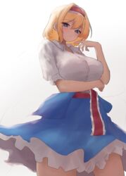  absurdres alice_margatroid arm_under_breasts blonde_hair blue_eyes blue_skirt blush breasts button_gap commentary_request female highres large_breasts looking_at_viewer moriforest1040 open_collar shirt short_hair simple_background skirt solo thighs touhou white_background white_shirt 