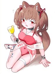  absurdres angelina_(arknights) angelina_(summer_flower)_(arknights) animal_ear_fluff animal_ears arknights arm_support bare_shoulders blush breasts brown_hair collarbone commentary_request cup drink drinking_glass female flying_sweatdrops food fruit full_body hair_ribbon highres holding holding_cup lemon lemon_slice medium_breasts one-piece_swimsuit open_mouth red_eyes red_one-piece_swimsuit red_ribbon ribbon sandals see-through shadow simple_background sitting solo spam_(spamham4506) swimsuit tail thigh_gap thigh_strap twintails white_background white_footwear yokozuwari 