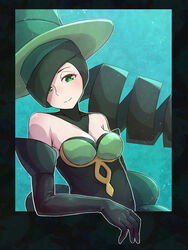  bare_shoulders battle_chatelaine breasts cleavage closed_mouth dress drill_hair elbow_gloves female gloves green_dress green_eyes green_gloves green_hair green_headwear highres kotobukkii_(yt_lvlv) long_hair morgan_(pokemon) pokemon pokemon_xy smile solo upper_body 