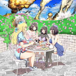  4girls alternate_costume amanogami_dai atago_(kancolle) bare_shoulders black_hair blonde_hair blue_dress blue_sky chair china_dress chinese_clothes choukai_(kancolle) comiket_96 commentary_request dress earrings eating explosion gun handgun holding holding_spoon jewelry kantai_collection mauser_c96 maya_(kancolle) multiple_girls necklace outdoors purple_headwear sky spoon table takao_(kancolle) tea war weapon 