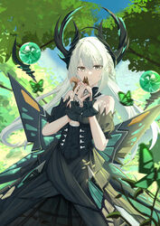  animal bare_shoulders black_dress branch breasts bug butterfly butterfly_wings cowboy_shot crystal_ball detached_collar double-parted_bangs dress female floating floating_object forest green_butterfly grey_eyes headgear highres holding holding_animal insect_wings liv:_empyrea_(dreamcatcher)_(punishing:_gray_raven) liv:_empyrea_(punishing:_gray_raven) liv_(punishing:_gray_raven) long_hair looking_at_viewer mechanical_wings nature orb outdoors panluo plant punishing:_gray_raven smile squirrel strapless strapless_dress tree underboob vines white_hair wing_hair_ornament wings wrist_cuffs 