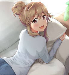  :d brown_eyes brown_hair couch denim female flipped_hair from_above grey_shirt hair_between_eyes hair_bun hugging_object idolmaster idolmaster_million_live! indoors jeans light_blush long_sleeves looking_at_viewer looking_back lying on_couch on_stomach open_mouth pants pillow pillow_hug shirt short_hair_with_long_locks shuucream_(syuichi) sidelocks smile solo sunlight tenkubashi_tomoka upper_body 