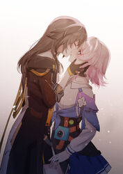  2girls absurdres closed_eyes coat commentary cowboy_shot duplicate from_side gloves grey_hair highres holding_another&#039;s_head honkai:_star_rail honkai_(series) kissing long_hair long_sleeves looking_at_another march_7th_(honkai:_star_rail) medium_hair multiple_girls parted_lips pink_hair standing stelle_(honkai:_star_rail) trailblazer_(honkai:_star_rail) yuri zhuyin176 