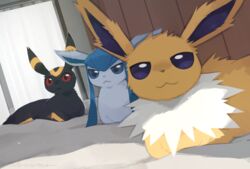  2024 :3 acting_like_a_cat ambiguous_gender bed black_body black_fur blue_body blue_fur eeveelution feral fur furniture generation_1_pokemon generation_2_pokemon generation_4_pokemon glaceon group inside jolteon loaf looking_at_viewer lying lying_on_bed multicolored_body multicolored_fur nagasaki_wonderful_polyester neck_tuft nintendo on_bed pokemon pokemon_(species) red_sclera trio tuft two_tone_body two_tone_fur umbreon yellow_body yellow_fur 