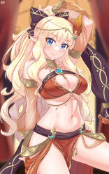  absurdres arada_(corsair_zero) arm_behind_head arm_up armlet bare_shoulders belly_chain bikini blonde_hair blue_eyes blush bracelet bracer breasts brooch circlet cleavage dancer detached_sleeves elf female fire_hair_ornament hair_ornament highres jewelry large_breasts long_hair looking_at_viewer navel neck_ring o-ring official_alternate_costume orange_bikini pointy_ears ponytail princess_connect! saren_(princess_connect!) saren_(sarasaria)_(princess_connect!) sarong sidelocks smile solo swimsuit thighs variant_set 