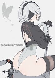  2b_(nier:automata) absurdres animal_print ass back_cutout black_blindfold black_headband black_thighhighs blindfold butterfly_print clothing_cutout commentary_request covered_eyes feather-trimmed_sleeves female from_behind grey_background headband highres holding holding_sword holding_weapon juliet_sleeves katana leotard long_sleeves looking_back mole nier:automata nier_(series) official_alternate_costume open_mouth patreon_username poechan_chan puffy_sleeves short_hair simple_background sitting solo sword thighhighs virtuous_contract weapon white_hair white_leotard 