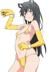  absurdres animal_ears animal_hands bare_shoulders bikini black_hair blue_eyes blush breasts closed_mouth collarbone cowboy_shot elbow_gloves female gloves highres long_hair looking_at_viewer micro_bikini navel paw_gloves paw_pose shou937 simple_background small_breasts solo swimsuit white_background yahari_ore_no_seishun_lovecome_wa_machigatteiru. yellow_bikini yukinoshita_yukino 