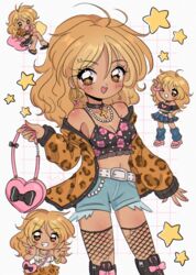  abstract_background absurdres animal_print bag belt blonde_hair breasts brown_eyes chellyko chibi chibi_inset cleavage denim denim_shorts earrings female fishnet_thighhighs fishnets floral_print gyaru handbag highres jacket jewelry leopard_print midriff navel original shorts star-shaped_pupils star_(symbol) symbol-shaped_pupils tan thighhighs wallet_chain y2k_(fashion) 