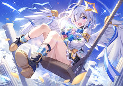  amane_kanata amane_kanata_(1st_costume) angel_wings armband black_footwear black_skirt blue_hair blue_sky blush boots bouquet cloud colored_inner_hair commentary feathered_wings female flower frilled_skirt frills grey_hair halo hanen_(borry) highres holding holding_bouquet hololive long_sleeves looking_at_viewer medium_hair miniskirt multicolored_hair open_mouth purple_eyes shirt single_hair_intake sitting skirt sky sleeve_cuffs solo star_halo swing virtual_youtuber white_shirt wings 