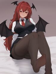  absurdres bat_wings black_skirt black_vest black_wings blush breasts brown_pantyhose commentary_request female head_wings highres koakuma large_breasts long_hair looking_at_viewer moriforest1040 necktie no_shoes pantyhose red_eyes red_hair red_necktie shirt sitting skirt smile solo thighband_pantyhose toes touhou very_long_hair vest white_shirt wings 