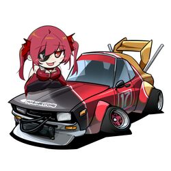  absurdres blush breasts brown_eyes cable car chibi cropped_jacket eyepatch female hair_behind_ear hair_ribbon heart highres holeecrab hololive houshou_marine houshou_marine_(1st_costume) jacket leotard leotard_under_clothes long_hair medium_breasts motor_vehicle muscle_car nissan_skyline nissan_skyline_c110 nissan_skyline_gt-r one_eye_covered open_mouth red_hair red_jacket red_ribbon red_shirt ribbon shadow shirt skyline sleeveless sleeveless_jacket smile solo spoiler_(automobile) stance_(vehicle) twintails vehicle_focus virtual_youtuber white_background 