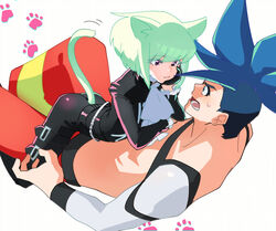  2boys :3 animal_ears ascot ass asymmetrical_hair baggy_pants belt black_jacket black_pants black_wristband blue_eyes blue_hair cat_boy cat_ears cat_tail detached_sleeves galo_thymos green_hair hand_on_own_face jacket kemonomimi_mode lio_fotia lying lying_on_person male_focus mohawk multiple_belts multiple_boys ns1123 on_back on_stomach open_mouth otoko_no_ko pants paw_print promare purple_eyes red_pants short_hair sidecut sidelocks simple_background single_detached_sleeve surprised sweatdrop tail topless_male undercut white_ascot white_background yaoi 