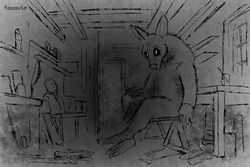  ambiguous_gender anthro armadillo artist_name black_and_white creepy dark glowing glowing_eyes inside mammal monochrome scary simusart sitting snout solo uncanny_valley window workshop xenarthran 