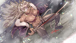  absurdres animal_ears black_jacket black_panties bra breasts brown_pants cat_ears cat_girl cat_tail commission dark_skin dutch_angle eyepatch female fighting_stance fur_trim ghislaine_dedoldia grey_hair highres holding holding_sheath holding_sword holding_weapon jacket large_breasts long_hair muscular muscular_female mushoku_tensei navel orange_eyes panties pants red_bra scar scar_on_stomach sheath skeb_commission smirk solo standing sword tail underwear very_long_hair weapon zunta 