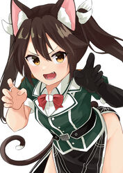  absurdres animal_ears bow bowtie brown_eyes brown_hair cat_ears cat_tail commentary_request curled_fingers elbow_gloves female gloves green_shirt hair_between_eyes hair_ribbon highres kantai_collection leaning_forward long_hair oerba_yun_fang osmium-76 pelvic_curtain red_bow red_bowtie ribbon shirt side_slit simple_background single_elbow_glove solo tail tone_(kancolle) tone_kai_ni_(kancolle) twintails white_background white_ribbon 