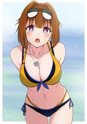  arms_behind_back ass_visible_through_thighs bear_necklace bikini blue_bikini blush breasts brown_hair collarbone commentary_request cowboy_shot day eyewear_on_head female front-tie_top girls&#039;_frontline gotoo grizzly_mkv_(girls&#039;_frontline) halterneck highres large_breasts looking_at_viewer multicolored_clothes multicolored_swimsuit navel ocean open_mouth purple_eyes short_hair side-tie_bikini_bottom solo swimsuit teeth upper_teeth_only yellow_bikini 