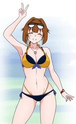  arm_up armpits ass_visible_through_thighs aviator_sunglasses bear_necklace bikini blue_bikini blush breasts brown_hair cleavage closed_eyes collarbone commentary_request cowboy_shot day eyewear_on_head female front-tie_top girls&#039;_frontline gotoo grizzly_mkv_(girls&#039;_frontline) highres large_breasts linea_alba long_hair looking_at_viewer multicolored_clothes multicolored_swimsuit navel ocean short_hair side-tie_bikini_bottom smile solo standing stomach sunglasses swimsuit teeth v watch wristwatch yellow_bikini 