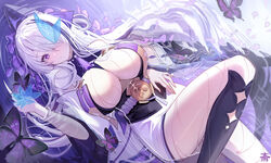  absurdres azur_lane blush breasts bug butterfly closed_mouth female hair_ornament hair_over_one_eye highres kneehighs large_breasts looking_at_viewer lying multicolored_hair on_back one_eye_covered partially_submerged purple_eyes purple_hair socks solo streaked_hair tansuan_(ensj3875) thighs unzen_(azur_lane) water wet white_hair 