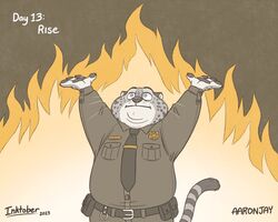  2023 5:4 aar0njay anthro benjamin_clawhauser cheetah clothed clothing digital_media_(artwork) disney elmo_rise felid feline fire fully_clothed fur inktober inktober_2023 male mammal necktie overweight overweight_male police police_uniform signature solo uniform whiskers zootopia 