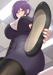  black_jacket black_pantyhose black_skirt breasts ceiling ceiling_light closed_mouth female highres holding indoors jacket jkisaradu large_breasts long_sleeves looking_at_viewer nail_polish office office_lady original pantyhose purple_eyes red_eyes red_nails shoe_insert shoes short_hair skirt smell smile solo tile_ceiling tiles 