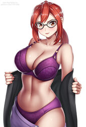  absurdres artist_name black-framed_eyewear black_jacket bra breasts cleavage closed_mouth clothes_pull commentary_request female glasses highres huge_breasts jacket long_hair looking_at_viewer lorelei_(pokemon) mature_female navel off_shoulder open_clothes open_jacket panties pokemon pokemon_frlg ponytail print_bra print_panties purple_bra purple_panties red_eyes red_hair sidelocks simple_background skirt skirt_pull snowflake_print solo stomach type-dog underwear undressing web_address white_background 