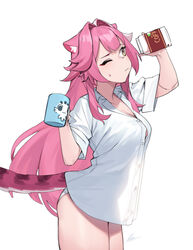  animal_ear_fluff animal_ears breasts buttons collared_shirt dasdokter female highres hololive hololive_english jar long_hair multicolored_hair one_eye_closed panther_ears panther_girl panther_tail panties pink_hair raora_panthera shirt short_sleeves smile solo streaked_hair underwear virtual_youtuber white_panties white_shirt yellow_eyes 