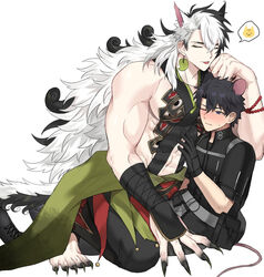  2boys animal_ears ashiya_douman_(fate) ashiya_douman_(second_ascension)_(fate) bead_bracelet beads black_footwear black_gloves black_hair black_pants black_shirt blue_eyes blush bracelet cat_ears cat_symbol cat_tail closed_eyes collarbone earrings fate/grand_order fate_(series) fingernails fujimaru_ritsuka_(male) fujimaru_ritsuka_(male)_(polar_chaldea_uniform) gloves hair_between_eyes highres jewelry large_pectorals long_hair magatama magatama_earrings male_focus mouse_ears mouse_tail multicolored_hair multiple_boys muscular muscular_male one_eye_closed pants pectorals red_bracelet seum_(kao_husband) sharp_fingernails sharp_toenails shirt short_hair simple_background split-color_hair spoken_animal squatting sweatdrop tail toenails very_long_hair white_background white_hair 