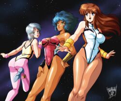  3girls absurdres artist_name ass bare_shoulders blue_eyes blue_hair breasts brown_hair brown_pantyhose cleavage commentary dangaiou danmakuman dark-skinned_female dark_skin from_behind green_eyes grey_hair hand_on_own_hip highleg highleg_leotard highres lambda_nom leg_up leotard long_hair looking_back medium_breasts mia_alice multiple_girls open_mouth pai_thunder pantyhose pink_pantyhose shiny_clothes shiny_skin short_hair signature simple_background skin_tight sleeveless smile space star_(sky) strapless strapless_leotard teeth upper_teeth_only vambraces wristband 