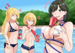  3girls absurdres american_flag american_flag_bikini american_flag_print bikini black_hair blonde_hair blue_eyes breast_envy breasts brown_eyes clenched_teeth cola commission cosplay criss-cross_halter english_commentary flag_print glasses green_eyes halterneck highres irene_(ricky_barnes) jewelry ken_(shutenndouji1) luna_(doa) luna_(doa)_(cosplay) luna_(venus_of_the_beach)_(doa) maya_(ricky_barnes) mimi_(ricky_barnes) mother_and_daughter multiple_girls navel object_on_breast original pool print_bikini ring short_shorts shorts skeb_commission smug swimsuit tawawa_challenge teeth wedding_ring wife_and_wife 