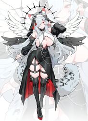  animal_ear_fluff animal_ears black_footwear black_hair black_nails black_sleeves black_wings boots breasts broken broken_chain chains chariko closed_mouth cross detached_sleeves eyelashes feathered_wings female full_body grey_hair habit hair_over_one_eye halo high_heel_boots high_heels highres large_breasts long_hair multiple_wings nun o-ring original red_eyes side_slit skindentation smile spikes tail thigh_boots white_wings wings 