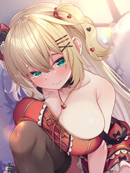  akai_haato akai_haato_(gothic_lolita) black_choker black_thighhighs blonde_hair blush breasts choker cleavage couch dress dutch_angle female flower green_eyes hair_between_eyes hair_flower hair_ornament hairclip heart heart_hair_ornament heart_necklace highres hololive jewelry knee_up large_breasts long_hair looking_at_viewer magowasabi necklace on_couch red_dress signature sitting sleeveless sleeveless_dress smile solo strap_slip thighhighs twitter_username two_side_up very_long_hair virtual_youtuber x_hair_ornament 