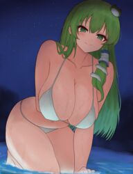  absurdres arm_under_breasts bare_legs bikini blush breasts commentary_request female frog_hair_ornament green_eyes green_hair hair_ornament hair_tubes highres huge_breasts kneeling kochiya_sanae long_hair looking_at_viewer moriforest1040 navel smile snake_hair_ornament solo stomach string_bikini swimsuit touhou very_long_hair white_bikini 