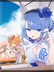  1boy bikini blue_sky breasts cleavage commentary_request commission female fire_emblem fire_emblem_heroes food highres kishiro_azuhito medium_breasts muspell_(fire_emblem) nifl_(fire_emblem) nifl_(summer)_(fire_emblem) noodles official_alternate_costume skeb_commission sky swimsuit white_bikini 