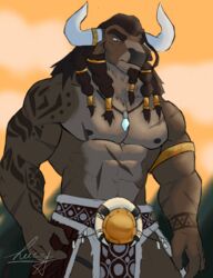  abs absurd_res anthro bjorn_(luceneko) bottomwear bovid bovine braided_hair clothed clothing digital_media_(artwork) european_mythology greek_mythology hair hi_res horn jewelry loincloth luceneko male mammal markings minotaur muscular muscular_anthro muscular_male mythology nipples scar scars_all_over solo tribal tribal_clothing tribal_markings 