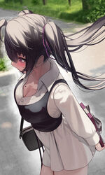  absurdres bag black_hair black_vest blush breasts carrying_bag chocolate cleavage commentary_request day female from_side gift hair_ribbon handbag highres holding holding_gift long_hair mole mole_on_breast original outdoors priite_hari_(torriet) purple_eyes purple_ribbon ribbon shirt skirt solo standing torriet twintails valentine very_long_hair vest white_shirt white_skirt 