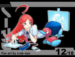  ahoge artist_name black_background blue_skirt brooch closed_mouth collared_shirt commentary crab-san crop_top digital_dissolve digital_media_player earbuds earphones english_commentary female grey_shirt head_rest highres huge_ahoge jewelry long_hair looking_at_creature lying monitor necktie numbered on_stomach parted_bangs pink_necktie pixels pleated_skirt pokemon pokemon_(creature) porygon2 project_voltage red_eyes red_hair sf-a2_miki shirt short_sleeves skirt smile star_brooch tablet_pc through_medium through_screen vocaloid 