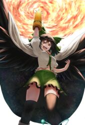  arm_cannon arm_up atom bird_wings black_hair black_thighhighs black_wings bow breasts buttons cape commentary control_rod feathered_wings feet_out_of_frame female fire frilled_skirt frills from_below green_bow green_skirt hairbow highres long_hair looking_at_viewer looking_down luke_(kyeftss) medium_bangs medium_breasts midriff_peek navel open_mouth print_cape puffy_short_sleeves puffy_sleeves red_eyes reiuji_utsuho shirt short_sleeves simple_background skirt smile solo starry_sky_print sun thighhighs third_eye touhou weapon white_background white_cape white_shirt wings 