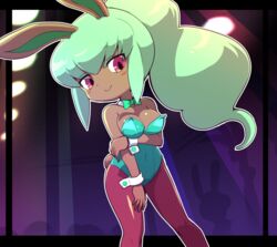  animal_ears aqua_leotard bare_shoulders blush bow bowtie breasts bunny_mint cleavage covered_navel dutch_angle female green_bow green_bowtie green_hair high_ponytail large_breasts leotard long_hair looking_at_viewer nollety pantyhose pink_eyes playboy_bunny rabbit_ears rabbit_girl rabbit_tail smile solo strapless strapless_leotard tail wrist_cuffs youkai_(youkai_watch) youkai_watch 