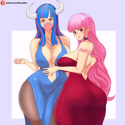  2girls ass ass_shake bad_proportions bare_shoulders bat_tattoo blush breasts cleavage curvy devil_fruit dress highres horns huge_ass large_breasts long_hair looking_back mask mouth_mask multicolored_hair multiple_girls musaed_art one_piece orange_hair pantyhose perona pink_hair red_dress shoulder_tattoo standing sweat tattoo twerking twintails two-tone_hair ulti_(one_piece) very_long_hair wide_hips 