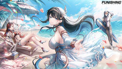  1boy 2girls beach beach_umbrella bikini black_hair blue_eyes breasts cloud colored_inner_hair copyright_name crossed_legs day detached_sleeves dress earrings eyewear_on_head flower hair_ornament hairclip high_heels highres holding holding_surfboard jewelry large_breasts lee:_entropy_(oceanic_blues)_(punishing:_gray_raven) lee:_entropy_(punishing:_gray_raven) lee_(punishing:_gray_raven) long_hair looking_at_viewer multicolored_hair multiple_girls musical_note musical_note_hair_ornament navel ocean offering_hand official_alternate_costume outdoors ozzingo palm_tree parted_lips petals punishing:_gray_raven reaching reaching_towards_viewer reclining red_bikini red_hair selena:_tempest_(aria_of_nymph)_(punishing:_gray_raven) selena:_tempest_(punishing:_gray_raven) selena_(punishing:_gray_raven) shorts sideboob sky smile streaked_hair sunglasses surfboard swimsuit thigh_strap tree two-tone_hair umbrella vera:_garnet_(punishing:_gray_raven) vera:_garnet_(wavebender)_(punishing:_gray_raven) vera_(punishing:_gray_raven) very_long_hair water white_dress white_footwear white_shorts 