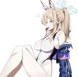  animal_ear_fluff animal_ears blonde_hair blue_archive blue_eyes blue_halo blue_jacket blush breasts competition_swimsuit covered_navel dog_ears extra_ears feet_out_of_frame female gunpuu halo highres jacket kanna_(blue_archive) kanna_(swimsuit)_(blue_archive) large_breasts long_hair long_sleeves official_alternate_costume one-piece_swimsuit open_clothes open_jacket simple_background solo swimsuit whistle whistle_around_neck whistling white_background white_one-piece_swimsuit 