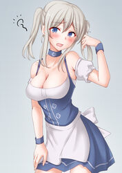  alternate_costume anti_(untea9) apron barmaid blonde_hair blue_eyes blush bodice breasts cleavage corset dirndl dress embarrassed female german_clothes graf_zeppelin_(kancolle) grey_background hair_between_eyes highres holding kantai_collection large_breasts long_hair looking_at_viewer oktoberfest short_hair short_sleeves smile solo squeans twintails waist_apron waitress 