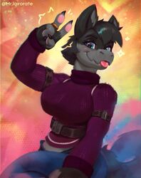  abstract_background anthro blep bottomwear clothed clothing female gesture hand_gesture hi_res mamagen mrjairorate pants solo sweater tongue tongue_out topwear v_sign 