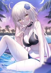  absurdres ahoge bikini black_bikini blush breasts choker crescent_moon fate/grand_order fate_(series) female flower hair_between_eyes hair_flower hair_ornament highres jeanne_d&#039;arc_alter_(fate) jeanne_d&#039;arc_alter_(swimsuit_berserker)_(fate) large_breasts long_hair looking_at_viewer mishiro_(ixtlolton) moon parody revision soaking_feet solo star_(sky) style_parody swimsuit takeuchi_takashi_(style) very_long_hair wet white_hair yellow_eyes 